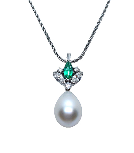 Vintage South Sea Pearl Emerald and Diamond Pendant