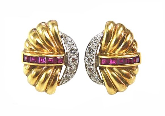 Vintage Ruby and Diamond Shell Motif Earrings